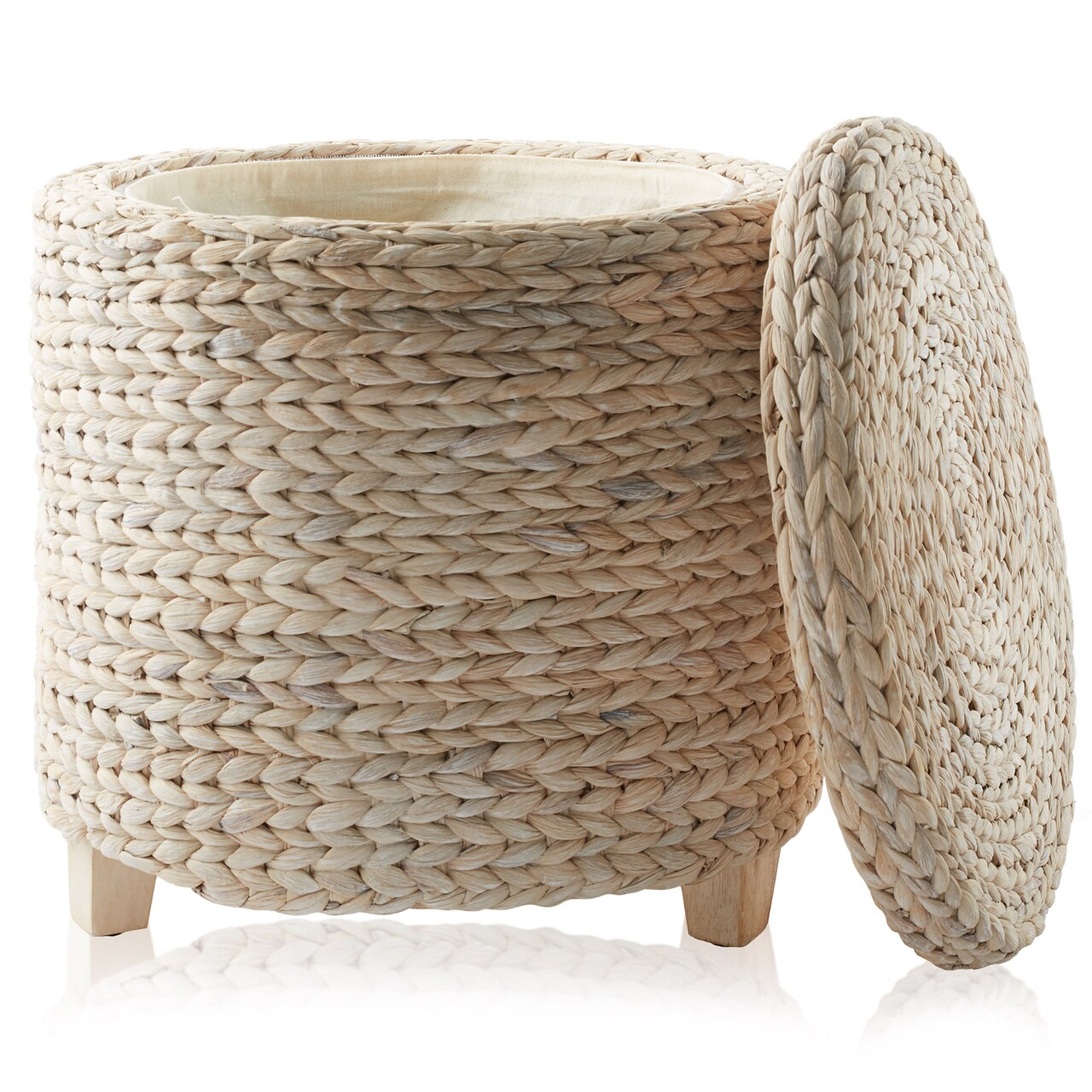 Casafield 17" Round Storage Ottoman with Lid, Handwoven Water Hyacinth Footstool for Living Room, Bedroom, Bathroom, Home Office
